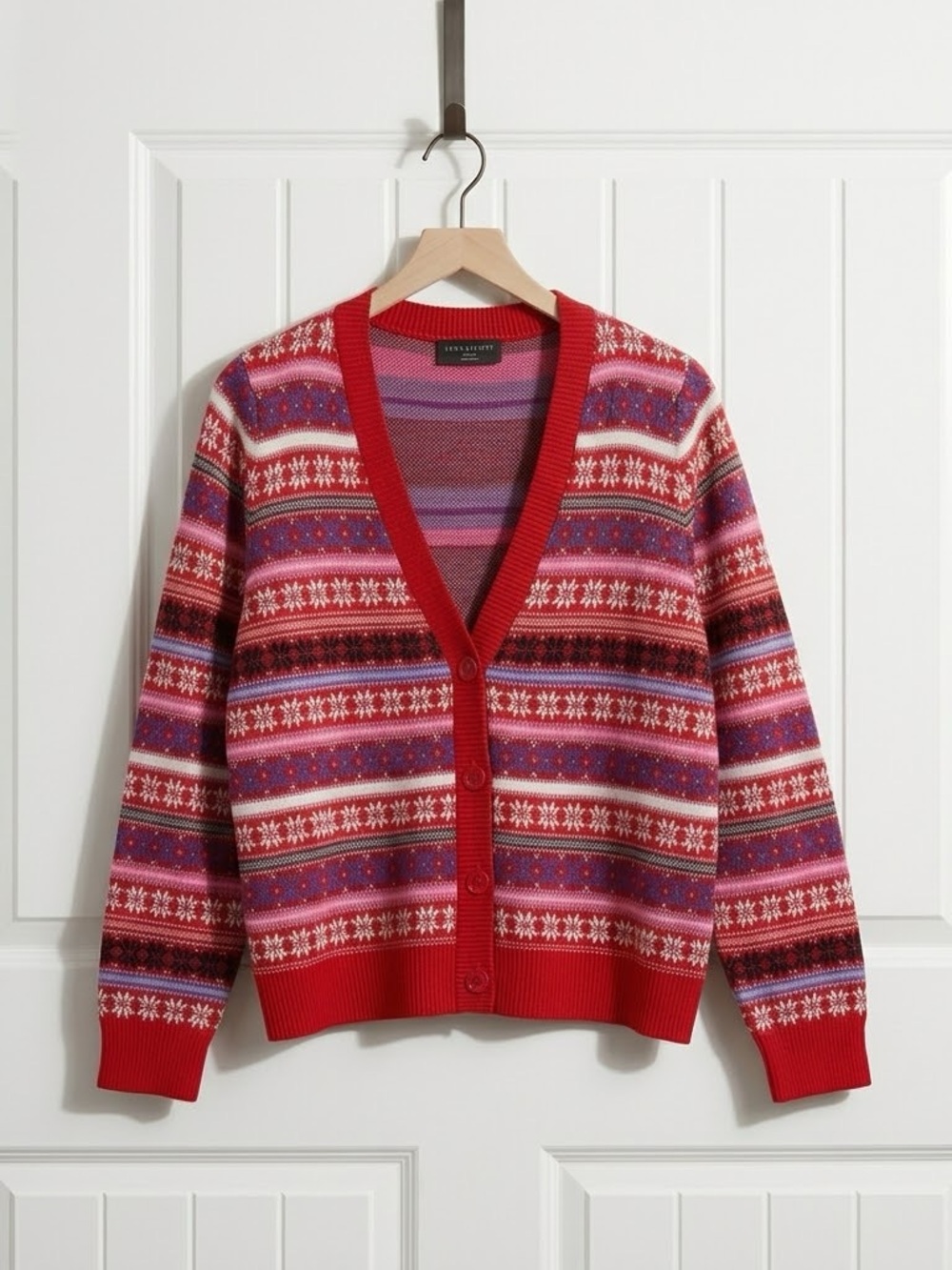 Lane Bryant Red Fair Isle V-Neck Cardigan with Pink & Purple Stripes
